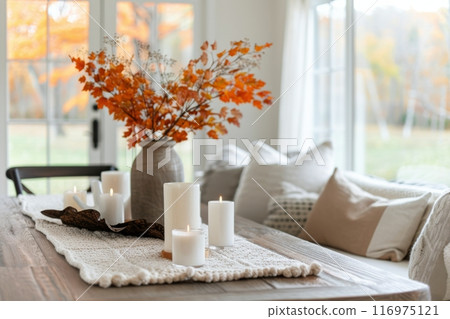 Fall Table Setting With Candles and Maple Leaves 116975121