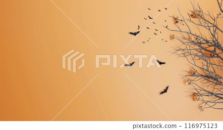 Bats Flying Over Bare Tree Branch on Orange Background 116975123