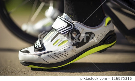 Close-up of Persons Shoes With Bike Tire in Background 116975316