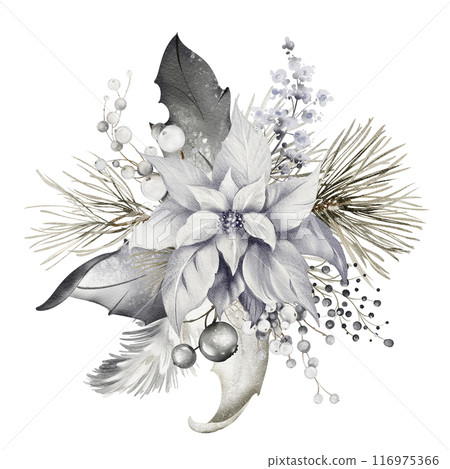 Watercolor Christmas Bouquet on isolated background. Vintage holiday decoration for cards. Holly leaf, pine cone, pine branch and berries make up a floral arrangement. New year garland for posters. Watercolor Christmas Bouquet on isolated background. Vintage holiday decoration for cards. Holly leaf, pine cone, pine branch and berries make up a floral arrangement. New year garland for posters. 116975366