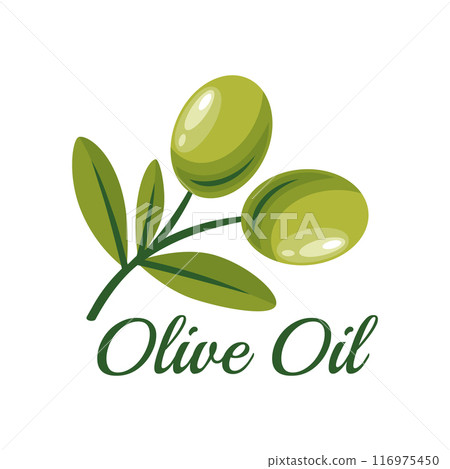 Flat Vector Green Olives. Olive Berries on a Branch. Hand Drawn Olive Tree Berry Clipart. Olive Oil Logo Design Template for Olive Oil Products, Packaging, Food Concept 116975450