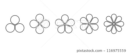 Set of flower diagrams divided into equal sections. Collection of pie charts with petals isolated on white background. Floral templates for data presentation. Vector graphic illustration 116975559