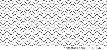 Horizontal wavy thin lines. Black and white undulated stripes. Parallel curves texture. Minimalistic graphic print. Sea, ocean or river pattern. Vector graphic illustration Horizontal wavy thin lines. Black and white undulated stripes. Parallel curves texture. Minimalistic graphic print. Sea, ocean or river pattern. Vector graphic illustration 116975610