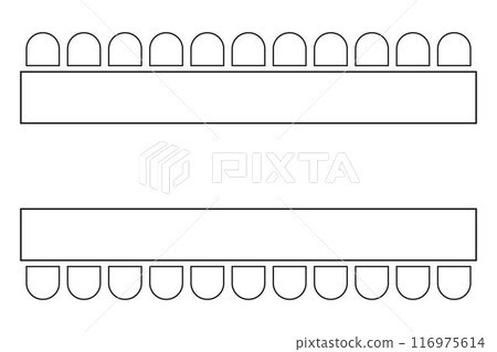 Seats arrangement on banquet or wedding event in restaurant or cafe. Cafeteria or canteen seating interior plan. Top view. Schematic tables and chairs icons set. Vector outline illustration 116975614