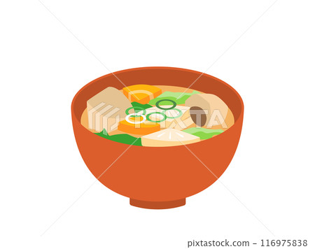 Illustration of miso soup with lots of ingredients and vegetables Illustration of miso soup with lots of ingredients and vegetables 116975838