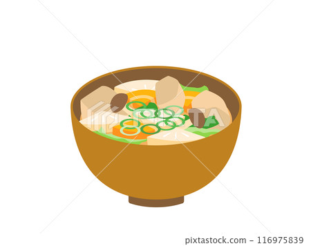 Illustration of miso soup with lots of ingredients and vegetables Illustration of miso soup with lots of ingredients and vegetables 116975839