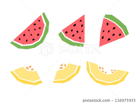 Set of cartoon watermelon and melon slice isolated on white. Geometric fruits collection elements for logo, print, design. Vector illustration 116975935