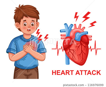 Heart attack, heartache, cardiac muscle failure stroke, cardiovascular system disease. Sick boy feels cardio hurt, chest pain, heartbeat. Cardiology medicine. Human internal organ. Health care vector 116976099