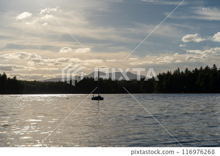 A gorgeous view of a sailboat on Lake Conway in New Hampshire during sunset. 116976268