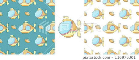 Set Creative marine seamless pattern. Pattern in hand draw style, created for fabrics Set Creative marine seamless pattern. Pattern in hand draw style, created for fabrics 116976301