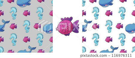Set Creative marine seamless pattern. Pattern in hand draw style, created for fabrics 116976311