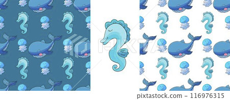 Set Creative marine seamless pattern. Pattern in hand draw style, created for fabrics Set Creative marine seamless pattern. Pattern in hand draw style, created for fabrics 116976315