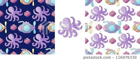 Set Creative marine seamless pattern. Pattern in hand draw style, created for fabrics Set Creative marine seamless pattern. Pattern in hand draw style, created for fabrics 116976330