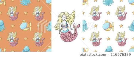 Set Creative marine seamless pattern. Pattern in hand draw style, created for fabrics Set Creative marine seamless pattern. Pattern in hand draw style, created for fabrics 116976389