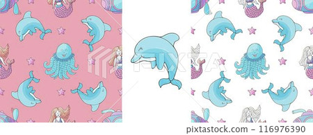Set Creative marine seamless pattern. Pattern in hand draw style, created for fabrics 116976390