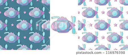 Set Creative marine seamless pattern. Pattern in hand draw style, created for fabrics Set Creative marine seamless pattern. Pattern in hand draw style, created for fabrics 116976398