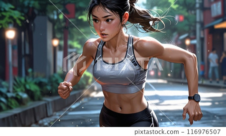 A young, beautiful woman is sweating while jogging 116976507