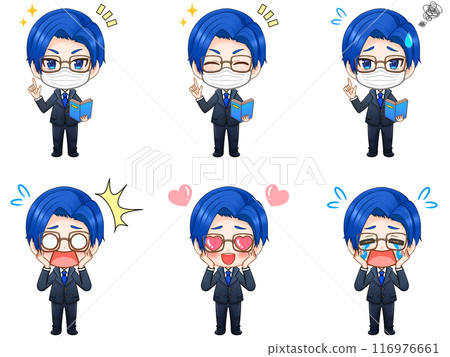 Blue hair, mask, glasses, salaryman chibi character material set 116976661
