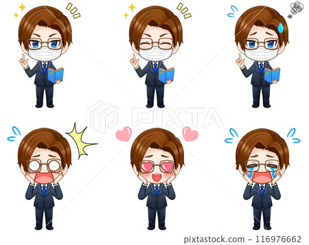 Set of chibi characters of a businessman with brown hair, a mask and glasses 116976662