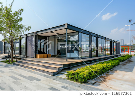 A large building with a lot of glass windows and a wooden deck A large building with a lot of glass windows and a wooden deck 116977301