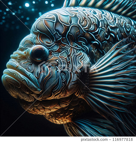 A detailed, metallic fish against a dark backdrop 116977818