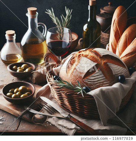 A generative AI illustration of artisan bread in a basket with olives, oil, and wine on a rustic table 116977819