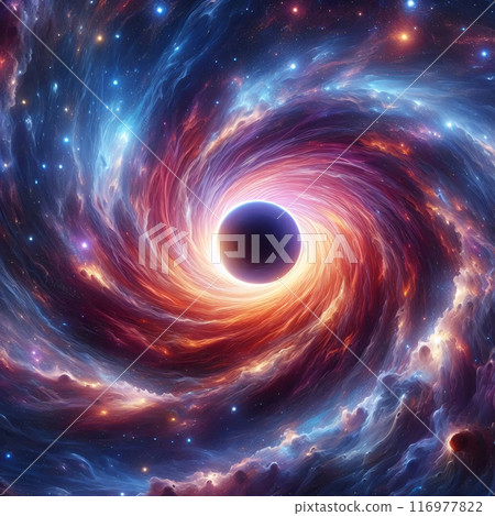 A mesmerizing spectacle of a black hole, its event horizon glowing intensely, surrounded by a swirling vortex of cosmic dust and gas in vivid hues 116977822