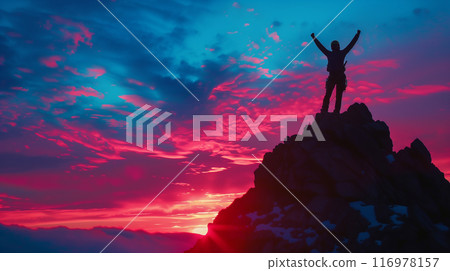 AI 生成的圖像真實地描繪了一名登山者在山頂打拳、欣賞美麗的日出。 116978157