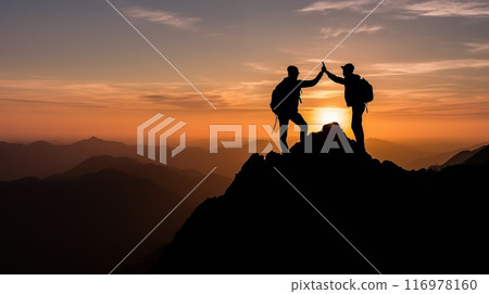 AI 生成的圖像真實地描繪了登山者在美麗的日出頂峰上互相幫助的情景。 116978160