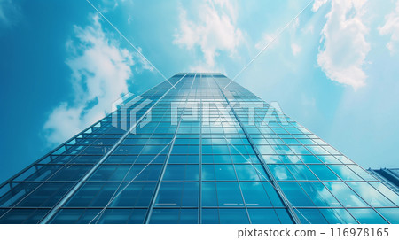 人工智慧產生的圖像，從下方仰視的角度，真實地描繪了一座延伸到藍天的現代摩天大樓。 116978165
