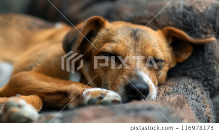 人工智慧產生的圖像，真實地描繪了一隻狗放鬆和睡覺的特寫臉。 116978173