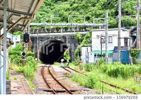 People crossing a railroad crossing just before a tunnel near Yokosuka Station 116978208