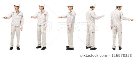 Full body cutout of a man wearing a helmet and work clothes at a construction factory Full body cutout of a man wearing a helmet and work clothes at a construction factory 116978338