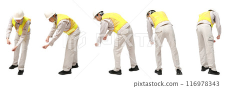 Full body cutout of a man wearing a helmet, work clothes, construction site safety belt Full body cutout of a man wearing a helmet, work clothes, construction site safety belt 116978343