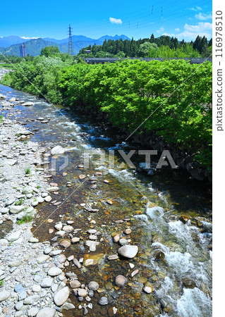 Clear waters of the Uono River, upstream from Tategara Bridge, mountain and river scenery, Yuzawa Town, Niigata Prefecture 116978510