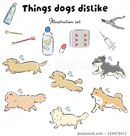 Illustration set of a dog with a troubled expression and things he doesn't like 116978912