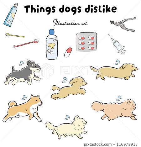 Illustration set of a dog with a troubled expression and things he doesn't like 116978915