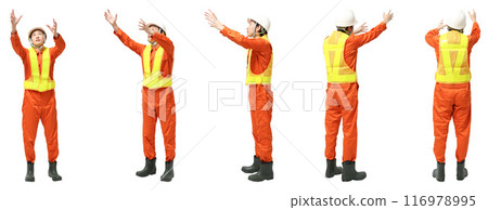 戴頭盔的男子全身人物剪裁材料、建築、建築和工廠安全帶。 116978995