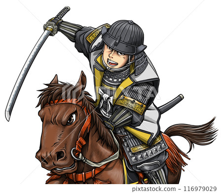 A Sengoku warlord wearing armor and charging on horseback 116979029