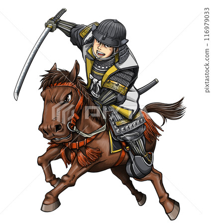 A Sengoku warlord wearing armor and charging on horseback A Sengoku warlord wearing armor and charging on horseback 116979033