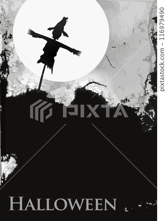 A horror background with a full moon and a scarecrow's shadow A horror background with a full moon and a scarecrow's shadow 116979490