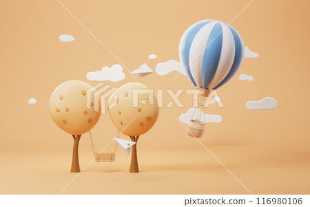 Cartoon hot air balloon with trees scene, 3d Cartoon hot air balloon with trees scene, 3d 116980106