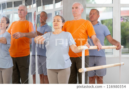 Group of elderly women and men practice ballet moves in classical dance school Group of elderly women and men practice ballet moves in classical dance school 116980354