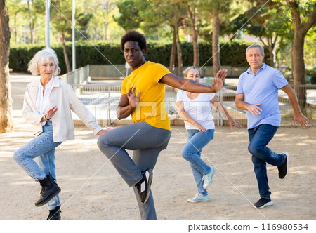 A group of multiracial mature adult people doing outdoor workout in a park A group of multiracial mature adult people doing outdoor workout in a park 116980534