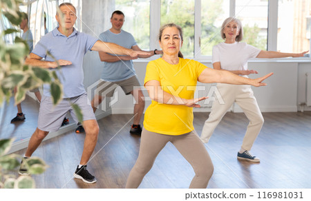 Cheerful elderly woman learning dynamic dances at group choreography lesson Cheerful elderly woman learning dynamic dances at group choreography lesson 116981031
