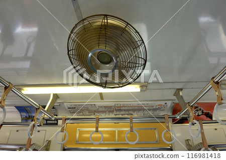 Electric fan on a train stopping at Keisei Kanamachi Station Electric fan on a train stopping at Keisei Kanamachi Station 116981418