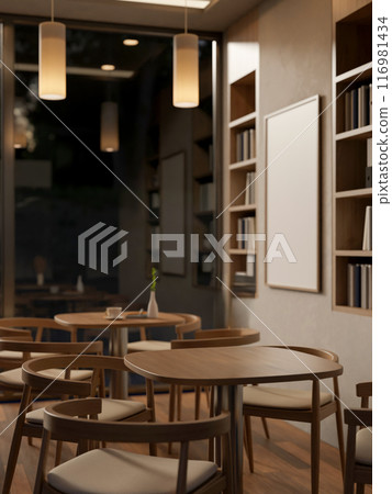 The interior design of a contemporary Scandinavian cafe or restaurant seating area at night. The interior design of a contemporary Scandinavian cafe or restaurant seating area at night. 116981434