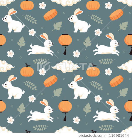 Mid Autumn Seamless Pattern Design with Decorative Elements in Hand Drawn Cartoon Flat Illustration Template Mid Autumn Seamless Pattern Design with Decorative Elements in Hand Drawn Cartoon Flat Illustration Template 116981644