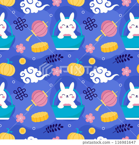 Mid Autumn Seamless Pattern Design with Decorative Elements in Hand Drawn Cartoon Flat Illustration Template Mid Autumn Seamless Pattern Design with Decorative Elements in Hand Drawn Cartoon Flat Illustration Template 116981647