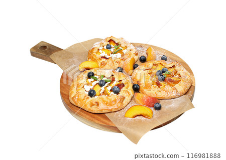 PNG, Fruit galettes on wooden kitchen board, isolated on white background 116981888
